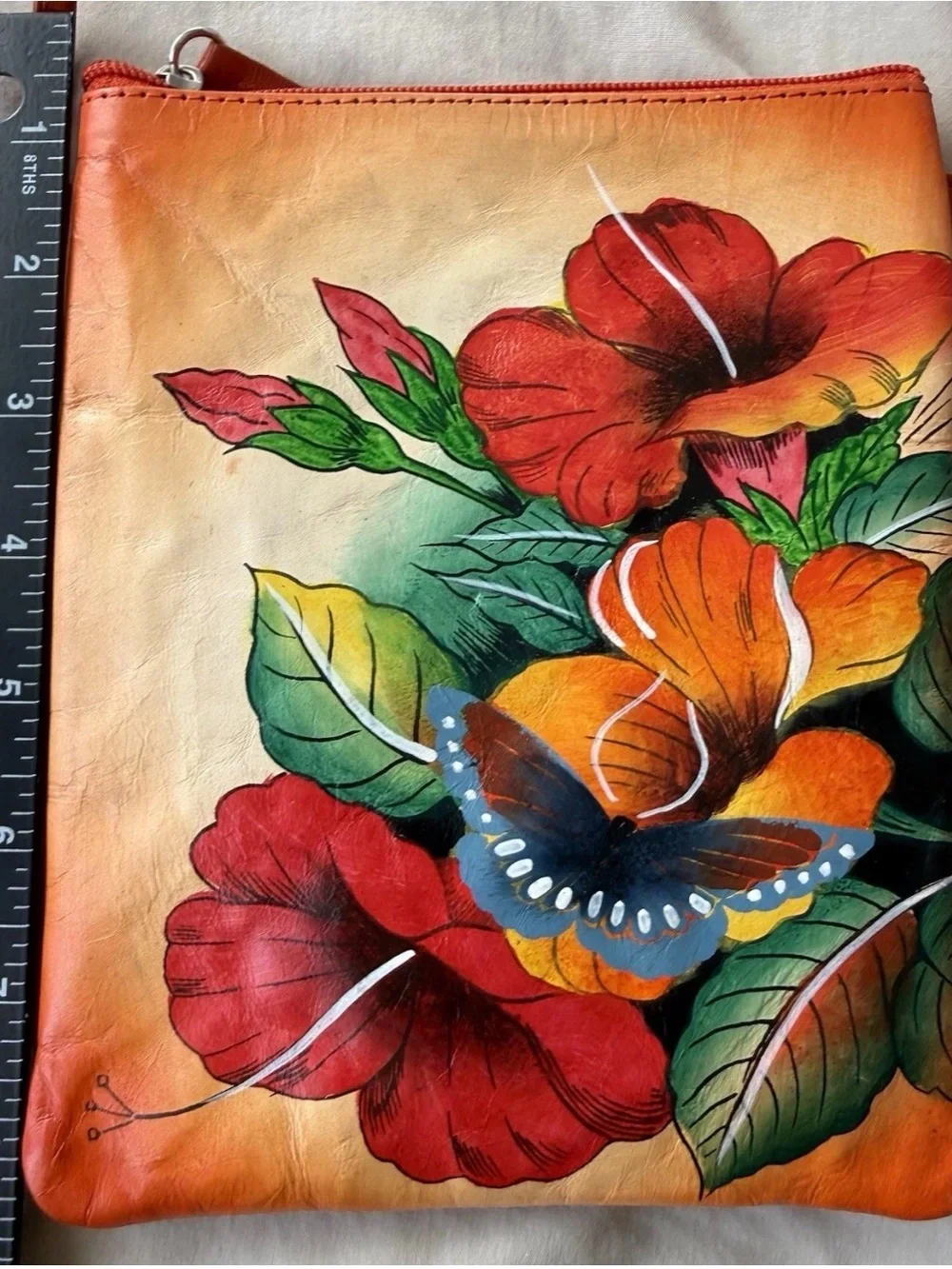 Hand Painted Genuine Leather Crossbody Bag Floral Butterfly Anuschka Style Boho